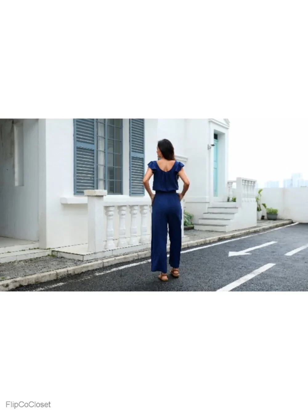 Women's Square Neck Ruffle Sleeve Drawstring Wide Leg Jumpsuit Romper with